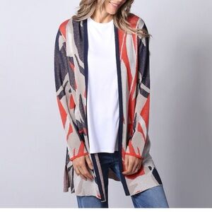Open-Front Abstract Print Cardigan Sweater — Coral, Navy & Cream